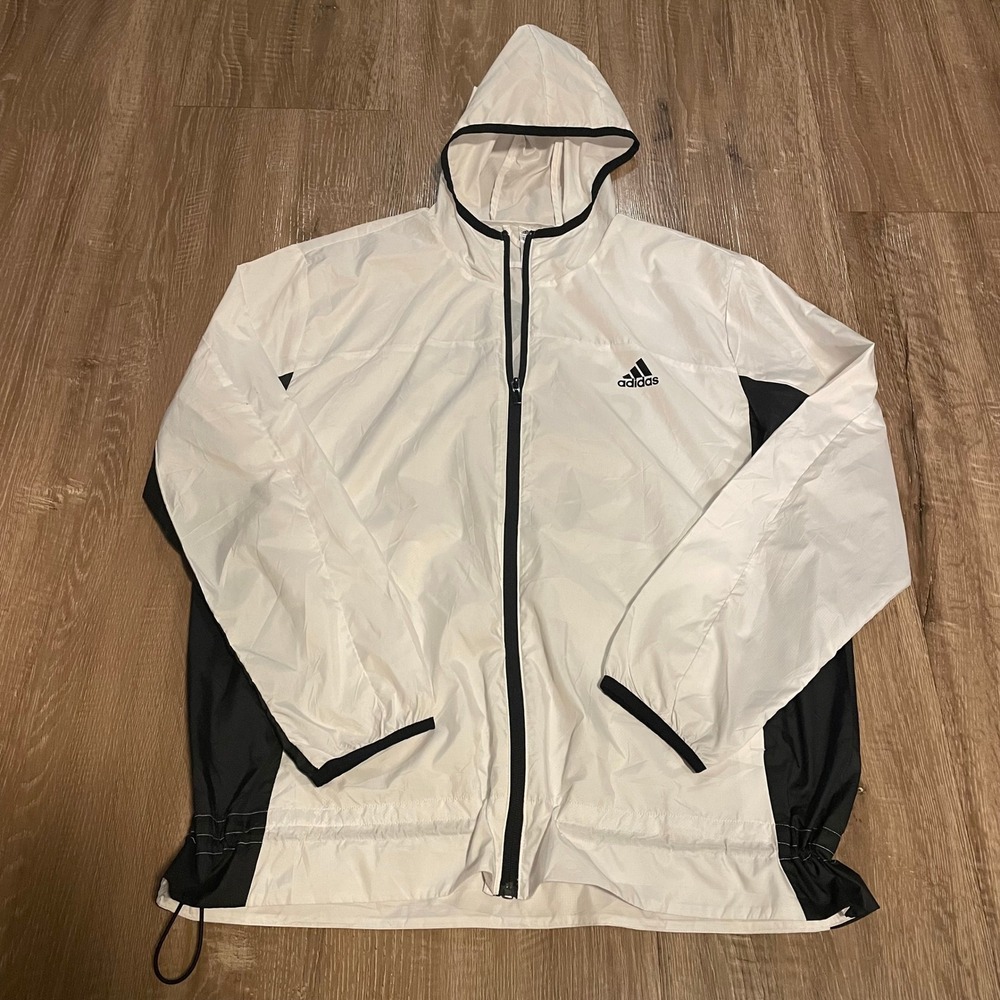 Adidas Mens Windbreaker Jacket Size XL White Black Polyester WIND.RDY Full Zip